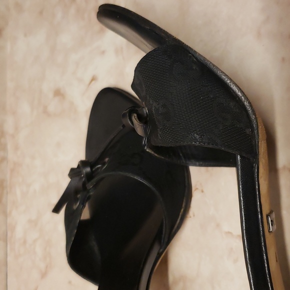 Gucci black canvas monogram open toe with bow mules high heel stiletto size 8.5 - Picture 4 of 9